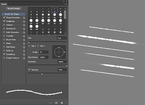 Different brush strokes produced with the Brushes panel.