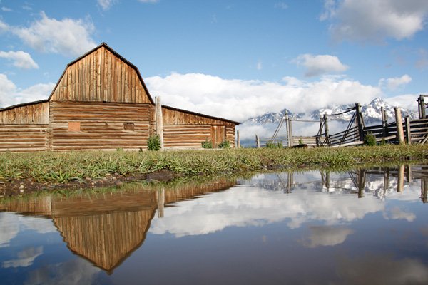 Grand Teton National Park, Tetons, Mormon Row, mountains, landscape, barn, reflection, puddle