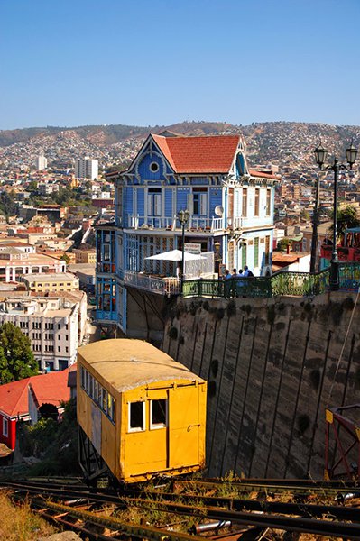 The yellow funicular and the blue house add an element of balance to this scene