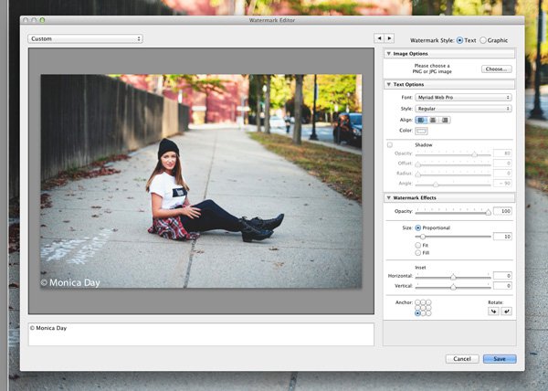 For a text watermark simply write your desired information in the white box. You can change the font, color, shadow, and size of your watermark. Watch the image to see your desired effect. Use the Anchor option to adjust placement and the Inset option for further tweaks.
