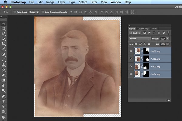 Photomerge action completed showing scanned image with layer masks