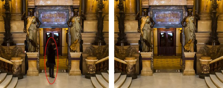 Here I've zoomed in on a portion of another shot of the Opera Garnier. Use the patterns on the floor and door to recreate the space where you clone over the people.