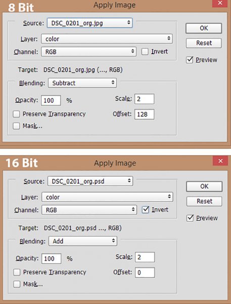 apply-image3Set your Layer to color. For 8 bit images set the Blending to Subtract, Scale to 2 and Offset. For 16 bit images set the Blending to Add, Scale to 2, Offset to 0 and check the Invert box.