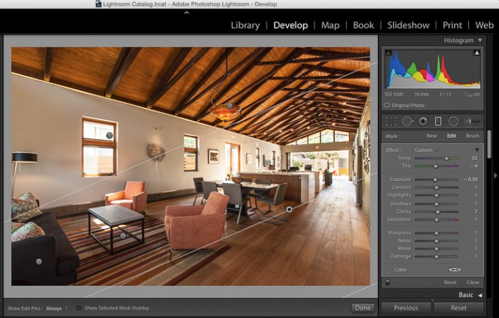Gradient filter tool can be found under the histogram in Lightroom