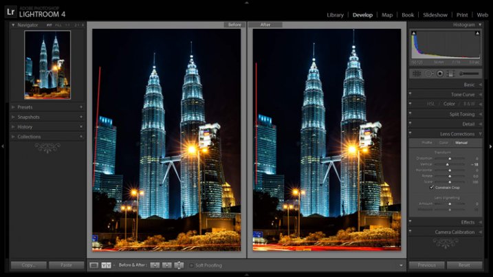 A before and after showing corrections for converging lines.