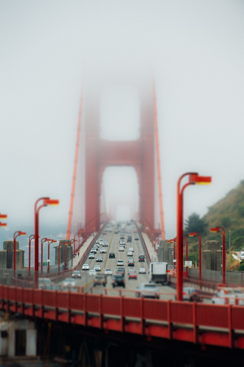 Golden Gate Bridge with the tilt-shift effect applied.