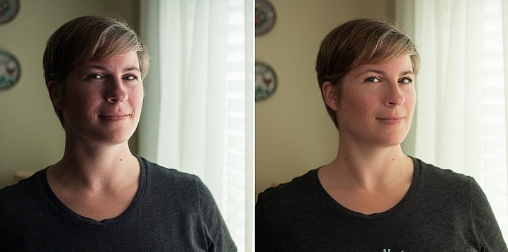 Left - No flash. Right - Single flash, on-camera, turned to right of subject for fill light.