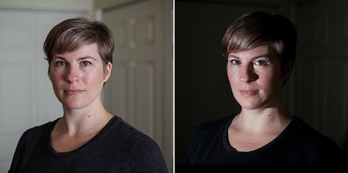Left - No flash. Right - manual mode, underexposed several stops, single flash towards right of subject.