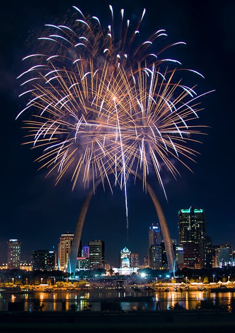 Great Subjects for Urban Night Photography - St. Louis fireworks example