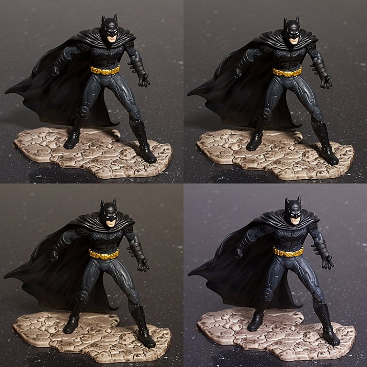 Top Left: No modifier ( bare bulb)     Top Right: 60 degree reflector     Bottom Left: Beauty dish     Bottom Right: Softbox